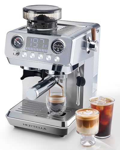 HERTELLA Espresso Machines with Burr Grinder, 20 Bar Visual Pressure Gauge, Milk Frother Steam Wand, Stainless Steel, 4 Temperature Modes (Hot and Cold Brew)，Automatic Pressure Release Function