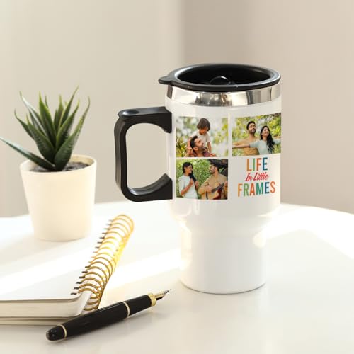 Image of IGP Personalized Photo Travel Mug |Same Day Delivery|400ml Stainless Steel Coffee Cup with Lid & Handle |Custom Picture Collage Mug with ‚Life in Little Frames‚ Print | Unique Gift for Office