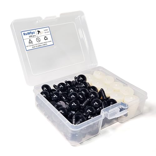 RuWfpz Ojos de seguridad para amigurumi de ganchillo de 16 mm, 100 unidades, ojos de animales de peluche con arandelas, ojos de plástico para animales de ganchillo, ojos negros de ganchillo para