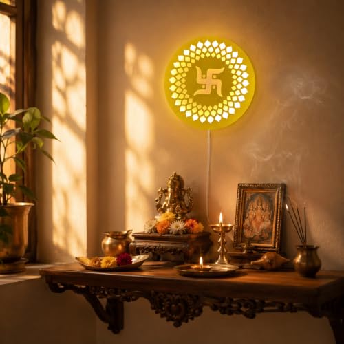 Image of Swastik LED Backlit Pooja Room Decor | Moon Wall Lights for Home Decoration | Wall Lamps for Bedroom & Living Room | No Adapter Required