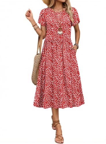 Image of Zeagoo Womens Summer Dresses Casual Aline Midi Dress Short Sleeve Floral Tshirt Dress Flowy Beach Sundresses with Pockets