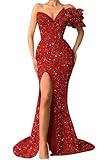 Eightale Sequin Prom Dresses Mermaid One Shoulder Bodycon Long with Train Sparkly Strapless Slit Red for Women Formal Evening Party Dress US12