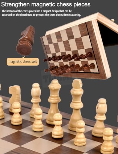 Image of Handmade Wooden Magnetic Chess Board Set for Kids & Adults | Compact & Foldable Board with Inbuilt Secure Storage & Anti Scratch Surface | Travel Friendly Ideal Indoor &Outdoor Game (29CM)