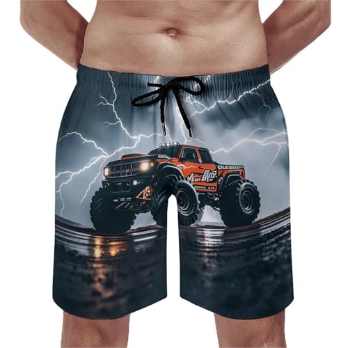 Mens Shorts Monster Truck Black Sky Lightning Roar Men Swim Trunks Quick-Dry Beach Shorts with Drawstring Pocket Bathing Suit