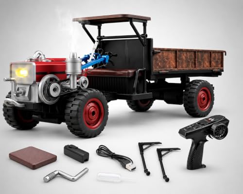 Image of RC Farm Tractor with Trailer Toy | 2.4GHz Remote Control, LED Lights, Smoke Spray, Realistic Sound, USB Rechargeable, Full Proportional Steering