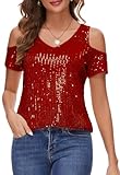 Womens Sparkly Sequin Top V Neck Cold Shoulder Glitter Short Sleeve Dressy Party Blouse Shirts Red M