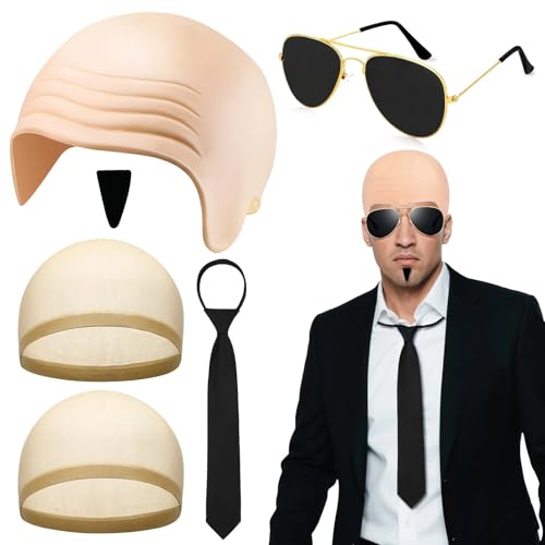HTTDSLF Latex Glatze Maske Latex kahle Kappe Elastische Haarnetz Kühle Sonnenaugen 6 Stück Schwarz Fake Bart Party Kostüm für Herren Karneval Fasching Halloween Kostüm Zubehör