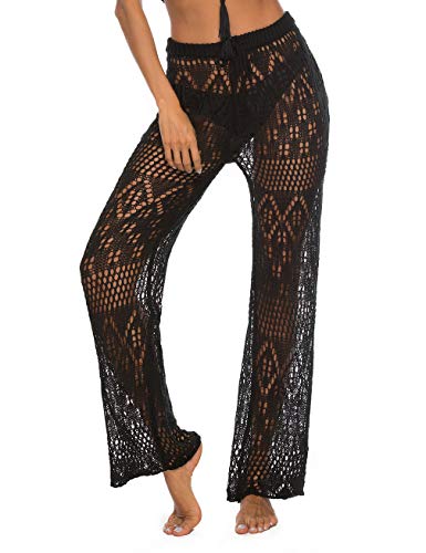Womens Loose Straight Casual Flowy Crochet Hollow Out Cover Up Swimwear Swimsuit Bikini Pants