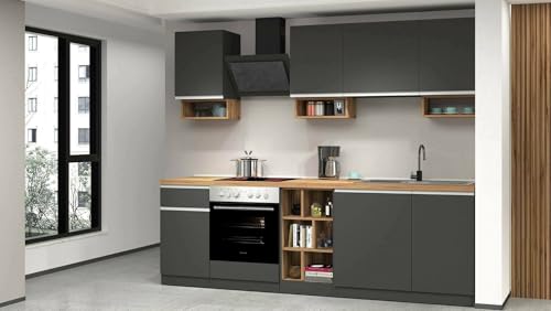 Cucina completa Rudolf, Set con dispensa, Mobile per cucinotto, Kit blocco lineare, 100% Made in Italy, 255x60h85 cm, Antracite e Rovere