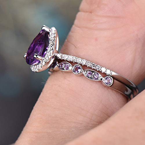 2Pcs Womens Purple CZ Engagement Rings 925 Sterling Silver Shining Amethyst Ring Tear Drop Shape Cubic Zirconia Promise Rings Set(US Code 7)2
