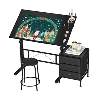 Dripex Table à Dessin Inclinable Bureau à Dessin Réglable avec Tabouret et Casiers Table de Travail Relevable 0°-60° pour Dessinateur Architecte Peintre Ingénieur, Moderne, Noir