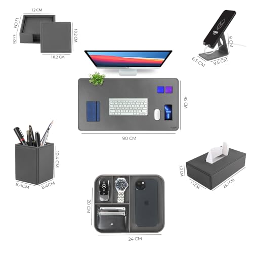 Image of V-CUBE Designs Premium Vegan Leather Executive Set of 6| Multipurpose Personal Desk Organizer| Desk Mat | Valet Tray| Tissue Holder | Pen Holder| Coaster | Mobile Stand for Office Table & Home - Grey