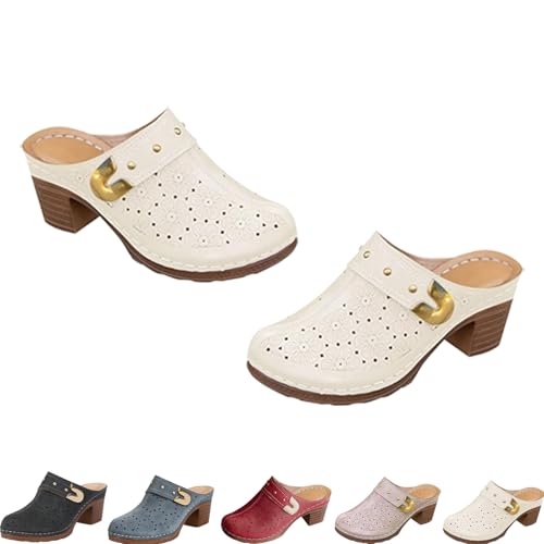 Chunky Heel Mules for Women Summer Retro Flower Hollow Slip On Sandals Casual Beach Vacation Closed Toe Mules Shoes (Khaki,24.5 