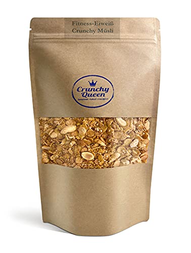 Crunchy Queen Fitness-​Eiweiß Granola Knuspermüsli | 33% Protein | Handgemacht | Sparpaket | High Protein Müsli | Low Carb | Vegan | Müsli ohne Zucker | Crunchy Topping für Smoothiebowl | 3x 340g