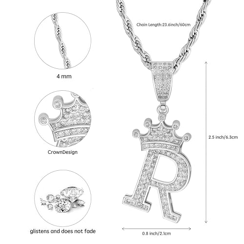 Silver A-Z Letter Crown Initial Necklace, Cute Bling Personalized Alphabet Name Pendant Necklace, 24-inch Rope Chain Hip Hop Charm Glitter Shiny Cubic Zirconia Large Letter Mom Men Women Jewelry2