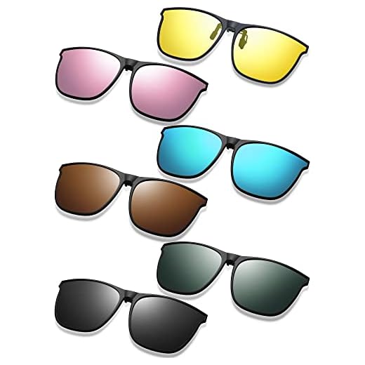Weewooday 6 Pairs Large Polarized Clip on Sunglasses UV Protection Driving Clip on Glasses Flip Up Sunglass Clips for Glasses Colorful Flip Frame Glasses for Women Men Eyeglasses