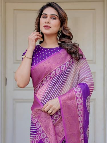 Image of ALMAARI FASHION Floral Printed Cotton Saree for Women with Handloom Zari Weave, Traditional Lightweight Ethnic Saree for Wedding Festive Office Party with Blouse Piece (LINEN 81-90 SH)