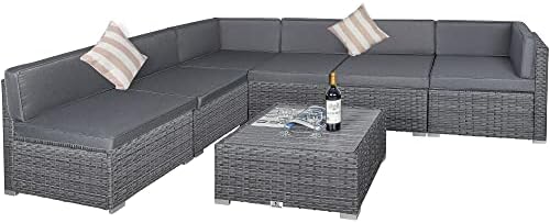 Welpatio 7 Piece Outdoor Patio Furniture Sets with Cushions, PE Rattan Wicker Outdoor Sectional Furniture Conversation Patio Set with Slat Coffee Table and 2 Pillows, Light Gray/Gray