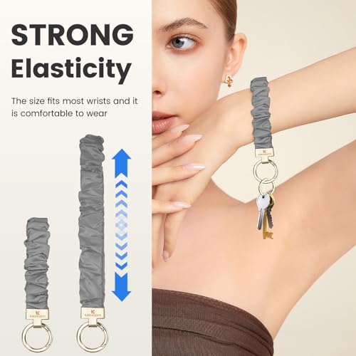 Image of Scrunchie Keychain Wristlet, Key Chain for Car Keys with D Ring, Stretchy Phone Charms with Tether Tab for Women.