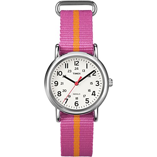 Timex Women's T2P0729J Weekender Pink Orange Stripe Slip Thru Nylon Strap Watch