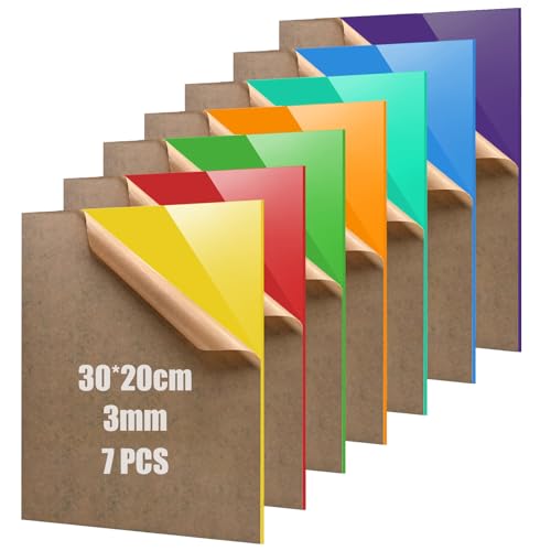 Kiswleon Lot de 7 plaques en verre acrylique coloré - 30 x 20 cm - Plaque en plastique de 3 mm - Pour cadres photo, panneaux, présentoirs de table, plaque nominative,...