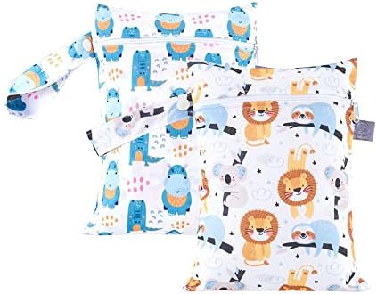 Treer Wet Dry Bag 2 PCS Baby Cloth Nappy Bag Washable Reusable Hanging Baby Diaper Bag with Zipper, Cartoon Animals Waterproof Organizer Bag for Daycare Travel Beach Pool (18x25cm,Blue Whale)