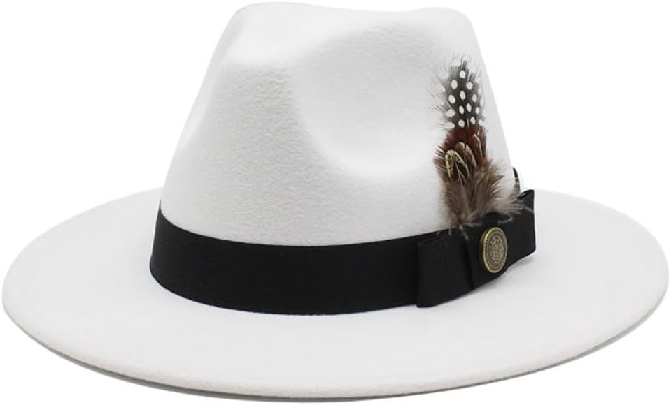 Classic Felt Fedora Hat, 2-Inch Wide Brim, 5-Inch Crown Height, Beige with Black Band and Feather