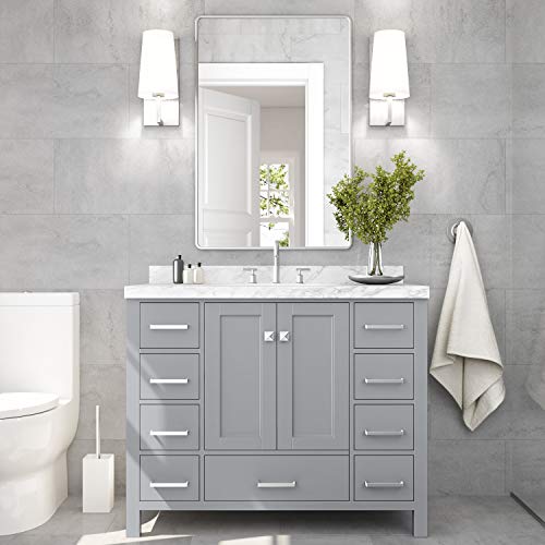 Ariel 43" Inch Grey Bathroom Vanity W/ 1.5" Edge Italian Carrara Marble Countertop & Backsplash | Rectangular Sink | 2 Soft Closing Doors And 9 Full Extension Dovetail Drawers | Satin Nickel Pulls #TOP1
