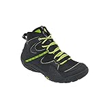 Boot-Schnitt mit reduzierter Ferse. Offene Zunge. Doppelt genähte Nähte. Multitendo Sohlenmuster. Vibram HydroGrip Verbindung. Stretch Neopren Kragen gegen Splitt Eindringen. Zerkratzt Gummizehenschutz. Fester TPU Verstärkung