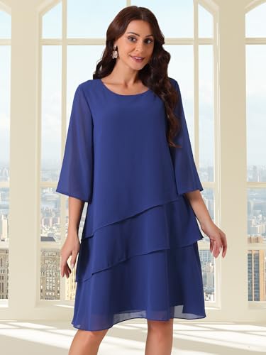 Image of Seta T Women's Chiffon Dresses 3 /4 Bell Sleeve Crewneck Tiered Layered Flowy Dress Party Wedding Outfits