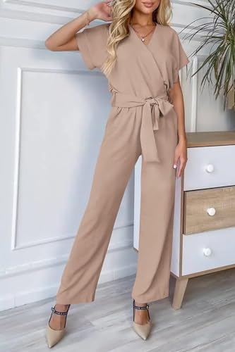 PRETTYGARDEN Women's Summer One Piece Jumpsuits Belted Short Sleeve Wrap V Neck Fashion Dressy Casual Wide Leg Pants Romper