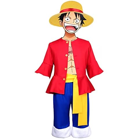 IamaCos Monkey D Luffy Cosplay Costume for Anime One Piece, Shirt & Pants & Belt & Straw Hat Full Set Outfit for Halloween Fancy Dress Party, Adults, S Cover