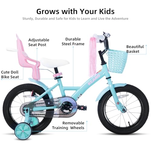 Image of KEANO Zinnia 14 16 20 Inch Kids Bike for Girls Ages 3-10 Years, Girls' Bikes with Training Wheels, Streamers, Basket and Doll Seat, Children Bicycles