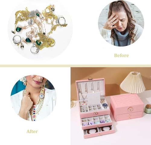 Image of Jewelry Box For Women Girl Wife 3 Layers Large Pu Leather Jewelry Organizer Storage Case With Two Drawers Display For Earrings Bracelets Rings Watches Design Jewelry Box, Jewelry Organizer (Pink)