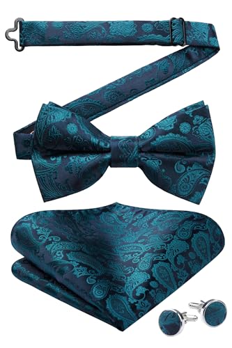 Image of HISDERN Bow Ties for Men Pretied Bow Tie Set Paisley Classic Bowties and Pocket Square Cufflinks Set for Wedding Party