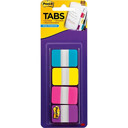 Post-it Tabs, 1 in Solid, Aqua, Yellow, Pink, Violet, 22/Color, 88/Dispenser (686-AYPV1IN)