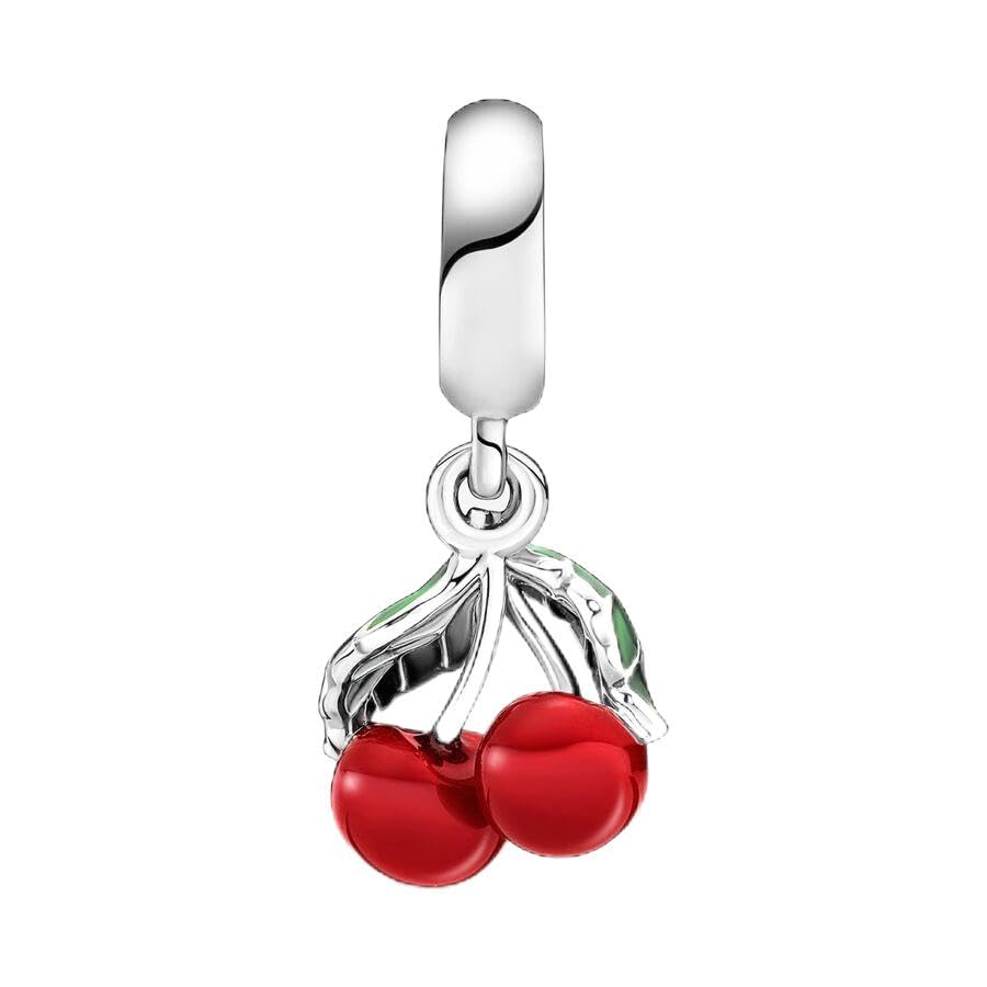 Asymmetrical Cherry Fruit Dangle Charm 925 Sterling Silver Pendant,Jewelry Beads Gifts for Women Bracelet&Necklace A01044