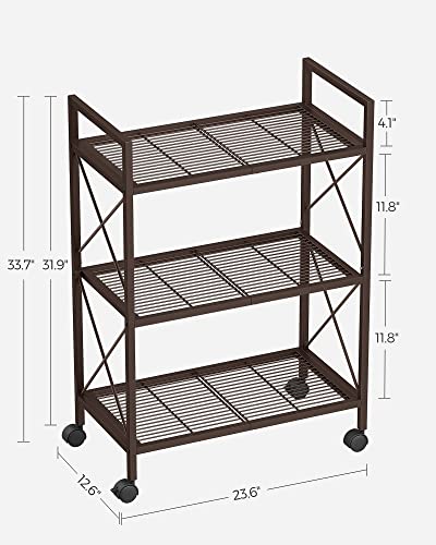 Image of SONGMICS 3-Tier Metal Storage Rack with Wheels, Mesh Shelving Unit with X Side Frames, 23.6-Inch Width, for Entryway, Kitchen, Living Room, Bathroom, Industrial Style, Metallic Bronze UBSC163A01