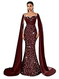 Prom Dresses for Women 2026 Off Shoulder Long Sequin V-Neck Wedding Ball Gown Dark Burgundy Mermaid Glitter Beaded Evening Dress with Train US8