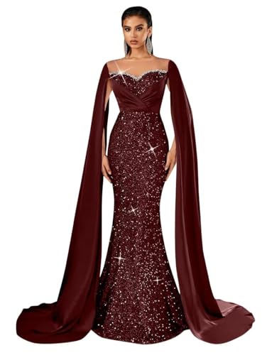 Prom Dresses for Women 2026 Off Shoulder Long Sequin V-Neck Wedding Ball Gown Dark Burgundy Mermaid Glitter Beaded Evening Dress with Train US8
