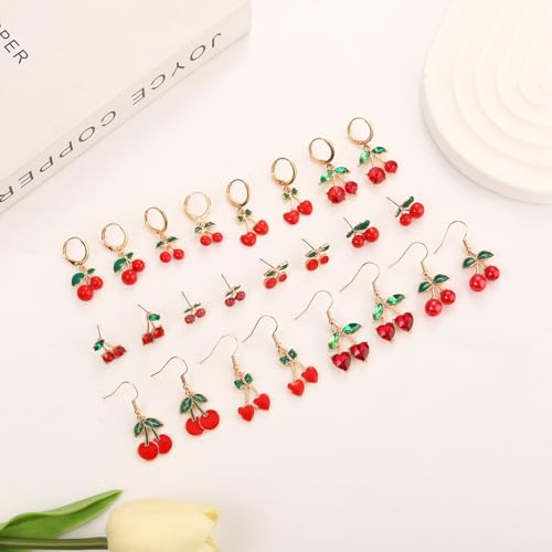Fruit Earrings for Women 12 Pairs Rhinestone Cherry Stud Dangle Earrings Spring Summer Holiday Accessories Jewelry Gifts2