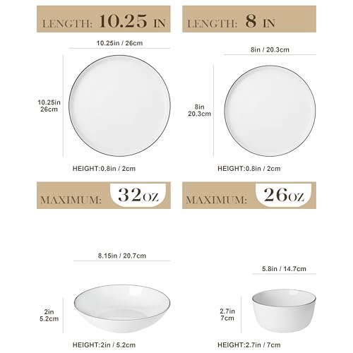 Image of MALACASA 24 Pieces Gourmet Porcelain Dinnerware Sets, Premium Plates and Bowls Set, High-Fired Dishes Set for 6, Chip & Scratch Resistant, Microwave Dishwasher Safe, White & Black Rim, Series LEXI