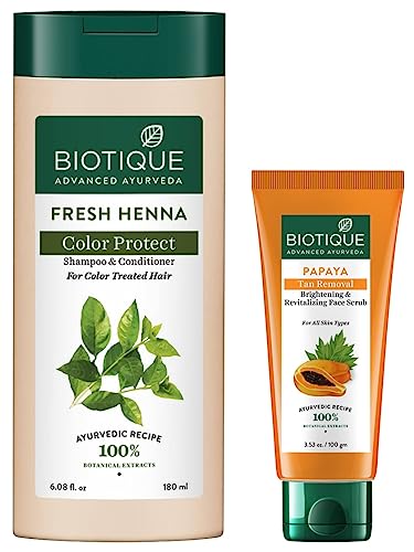 Biotique Fresh Henna Color Protect Shampoo & Conditioner, 180ml & Biotique Papaya Tan Removal Brightening & Reviatalizing Face Scrub For All Skin Types, 100g