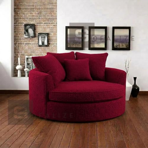 Image of SOFALIZE Modern Barrel Accent with Pillows Round Sofa Oversize Arm Chair Cozy Club Chair for Bedroom, Living Room, Lounge, Hotel & Office, Hallways, Red Boucle, Width 127cm x Depth 127cm x Height 80cm