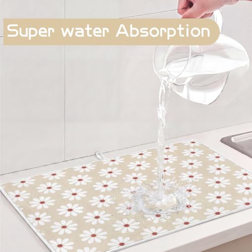 Image of Domensi 2 Pcs Daisy Microfiber Dish Drying Mat Absorbent Reusable Washable Extra Large Kitchen Counter Beige Draining Mat Diamond Pad for Coffee Bar Kitchen Decor 18x24 Inch
