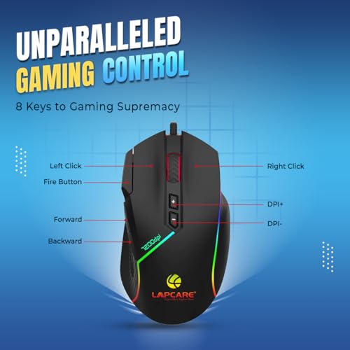 Image of LAPCARE Champ LGM-108 Gaming Mouse, 8 Buttons, 6 Customizable DPI Levels Upto 7200 DPI, 7 Circular & Breathing LED Light, Wired Mouse (Black)