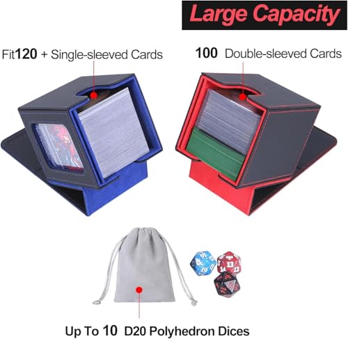 Image of AFIING MTG Deck Box for Commander Display,Card Deck Box Fits 100 Double Sleeved Cards, Magic Commander TCG Storage Box with 2 Dividers,Drawstring Bag and 1 Toploader(Black /Blue)
