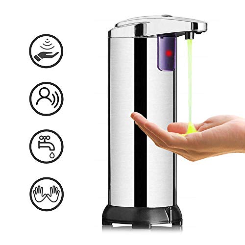 Seifenspender Automatisch, KIPIDA Infrarot Seifenspender Edelstahl Sensor Moderner Touchless Seifenspender mit Wasserdichter Basis für Bad, Küche und Büro Elektrischer Seifenspender 250ML Silber