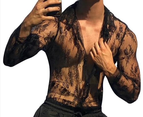 FEOYA Men’s Mesh See Through Shirts Sheer Transparent Club Party Casual Top Undershirts - Main Image