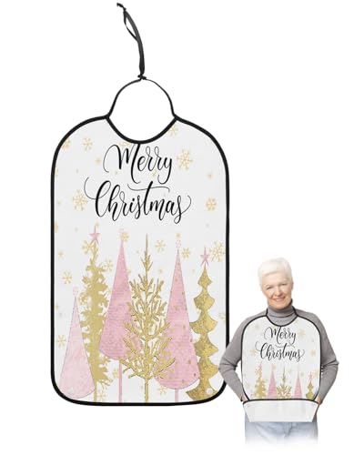 LEOKOTI Pink Yellow Christmas Tree Adult Bibs for Eating, Waterproof Bibs with Food Catcher & Adjustable Snap Closure, Xmas Winter Snowflake Washable Clothing Protectors Adult Bibs for Elderly